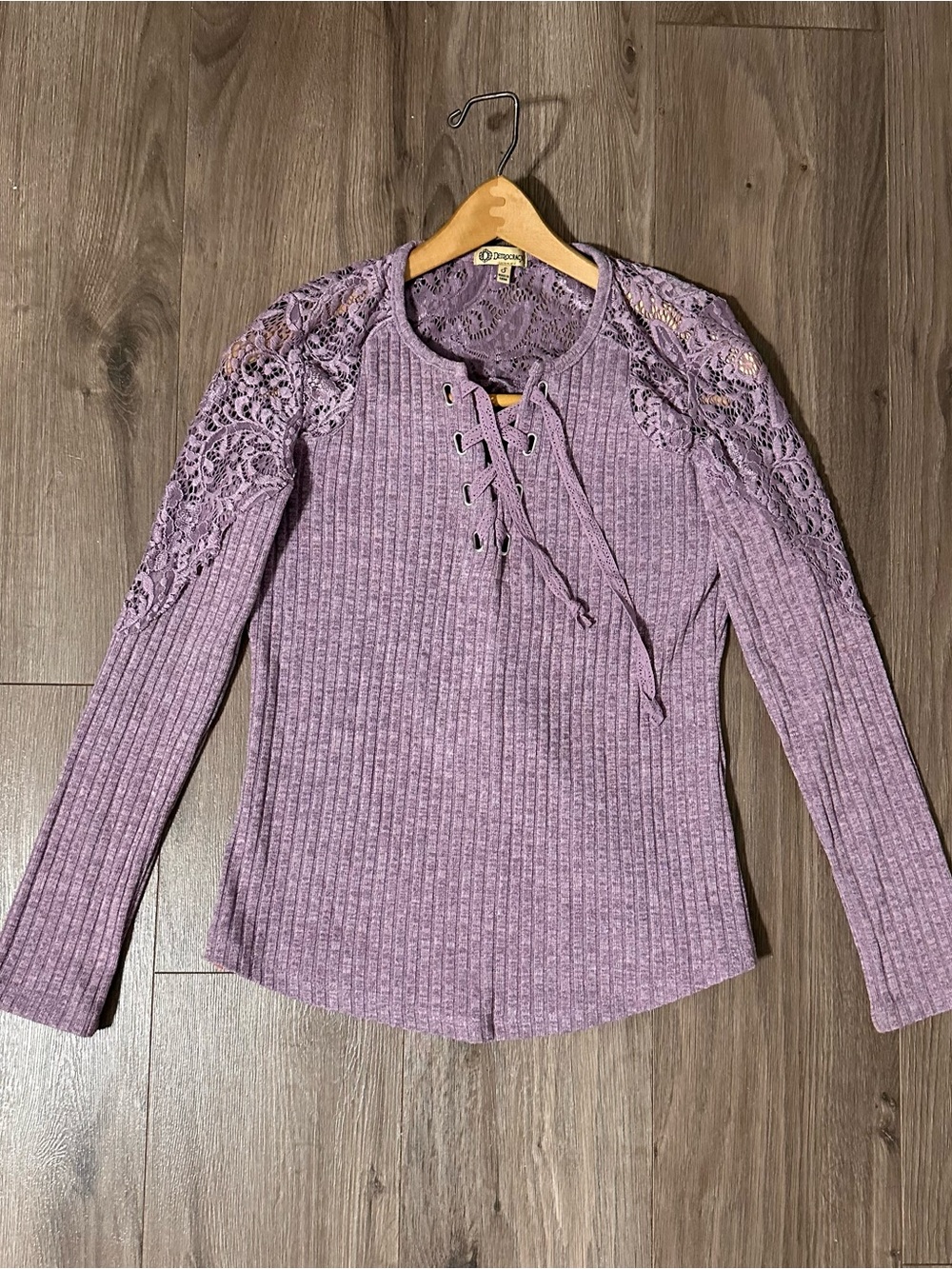 Democracy Lavender Ribbed Knit Top Lace-Shoulder Long Sleeve Boho